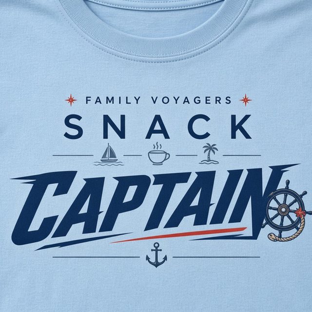 Snack Captain tee mockup, light blue tee