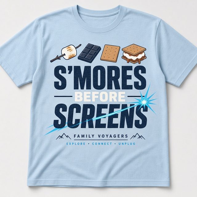 S'mores Before Screens tee mockup, light blue tee