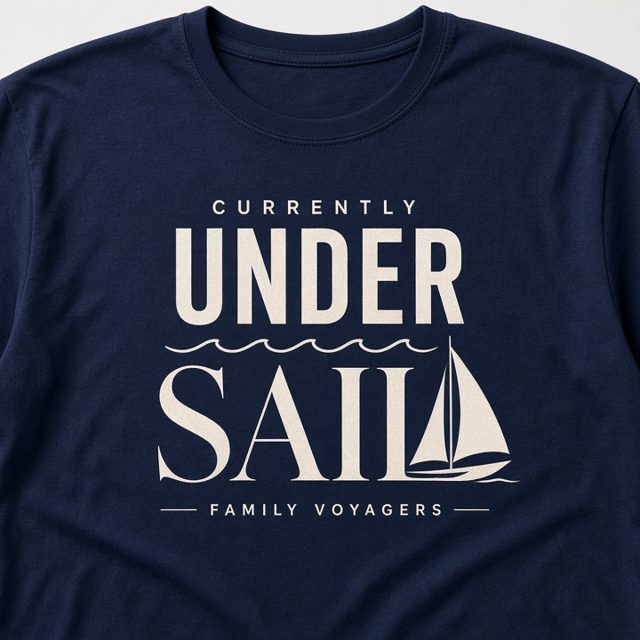 Currently Under Sail tee mockup, navy tee