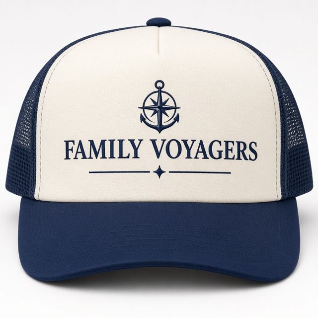 Family Voyagers Wordmark hat mockup, cream / navy trucker