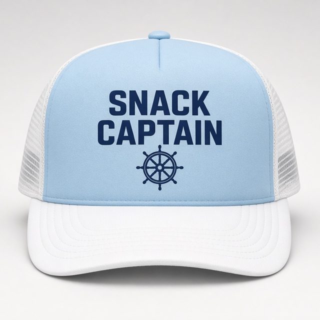 Snack Captain hat mockup, light blue / white trucker