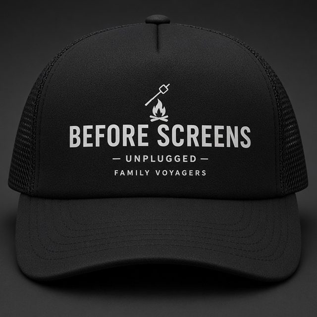 Before Screens hat mockup, black trucker