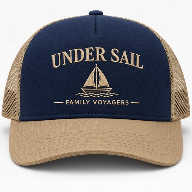 Under Sail hat mockup, navy / khaki trucker