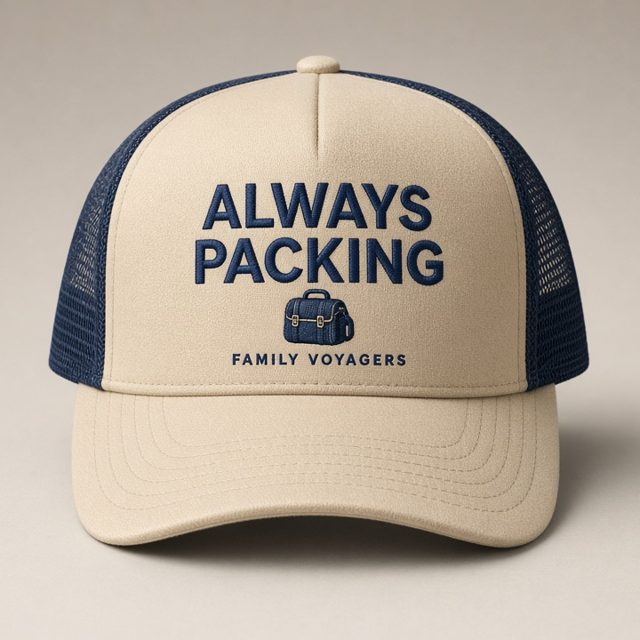 Always Packing hat mockup, khaki / navy trucker