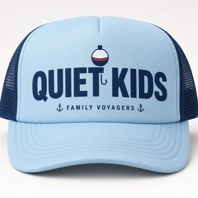Quiet Kids hat mockup, light blue / navy trucker