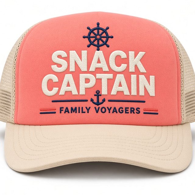 Snack Captain (Tropical) hat mockup, coral / sand trucker