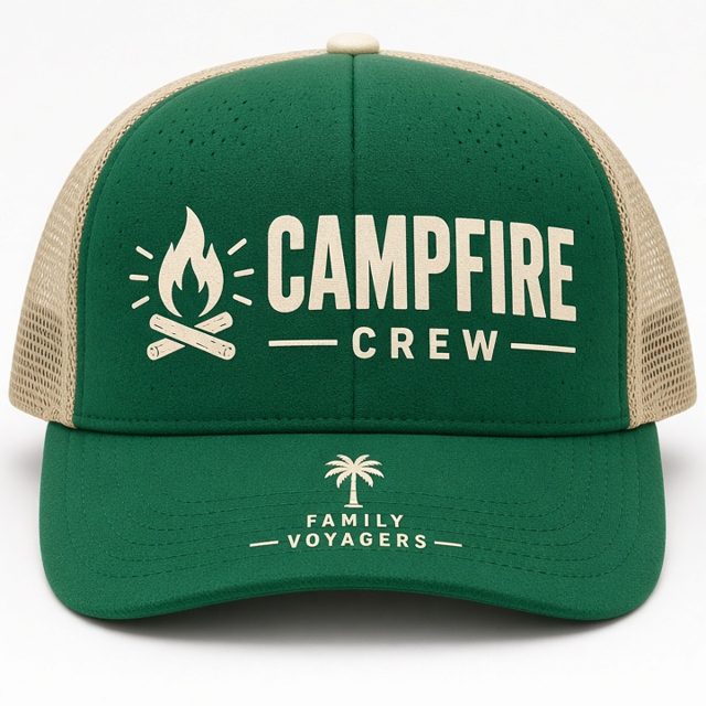 Campfire Crew (Tropical) hat mockup, palm green / sand trucker