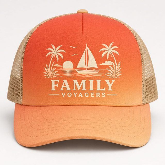 Family Voyagers (Tropical) hat mockup, sunset / sand trucker